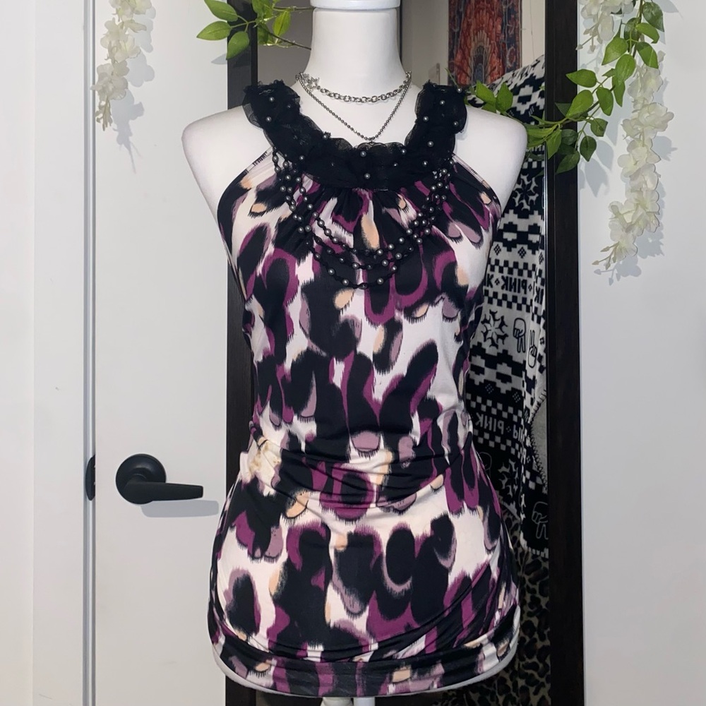 Rampage 2000s whimsy fairy gothic purple and black halter top m beaded lace neck
